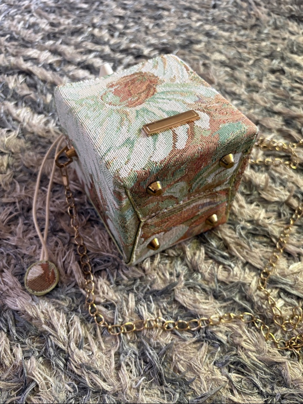 New Floral Tapestry Drawstring Mini Box Bag in Cream Brown and Green - Picture 5 of 12